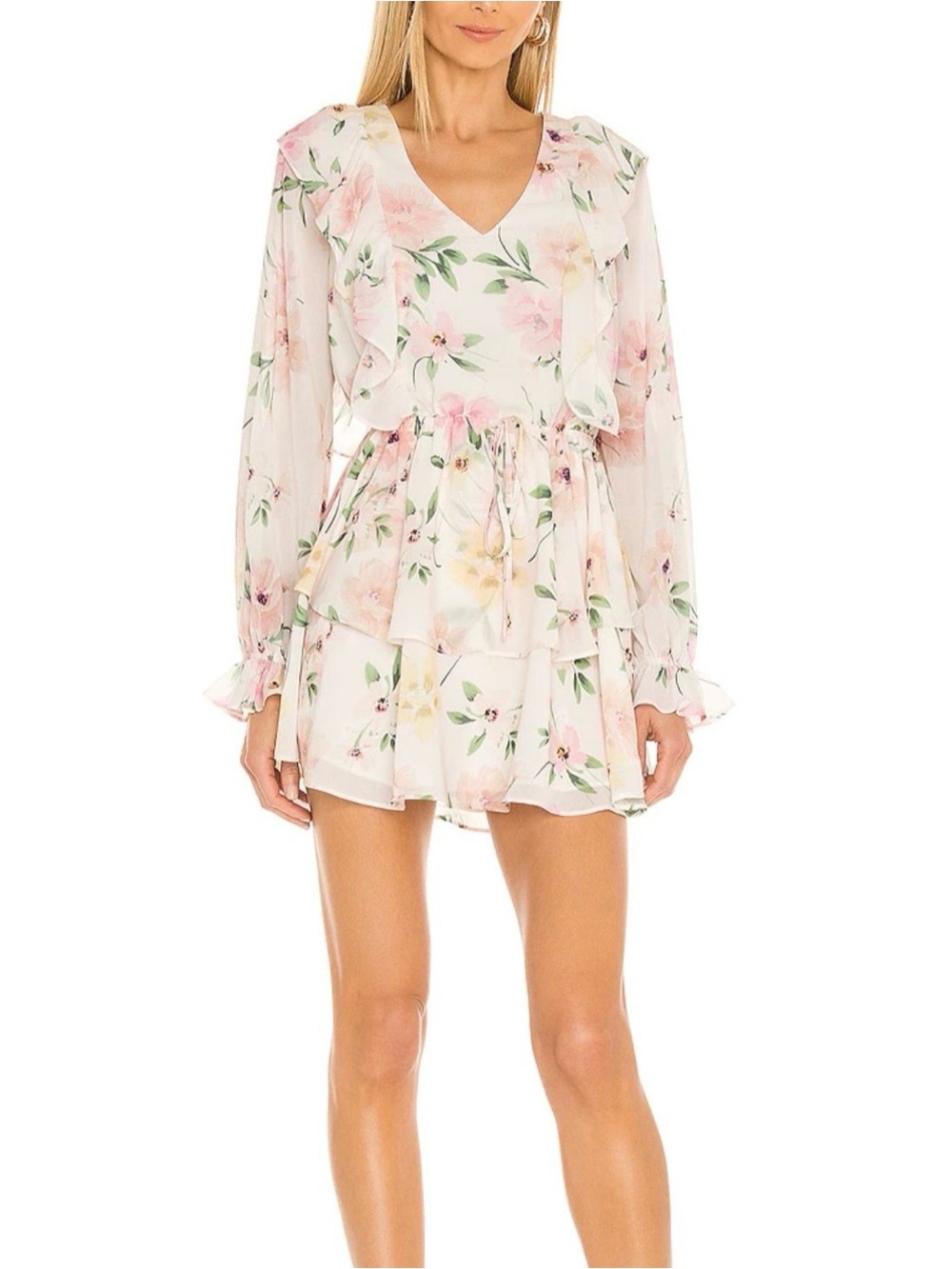 Yumi Kim Floral Ruffle Long-Sleeve Mini Dress - Pink & Cream Small Worn once